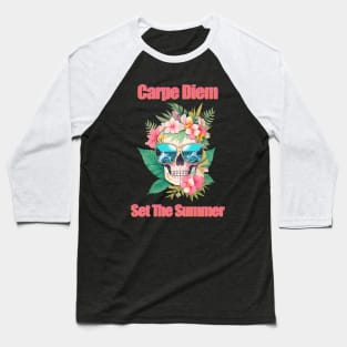 Tropical skull head with and cute sunglasses, cool beach, leaves and flowers Baseball T-Shirt